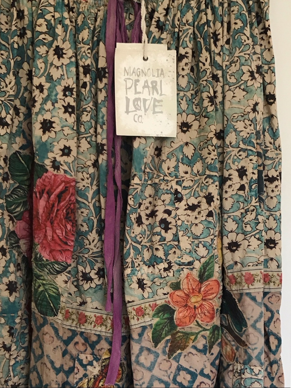 Magnolia Pearl Teal Floral Midi Skirt with Purple Drawstring - Picture 3 of 3